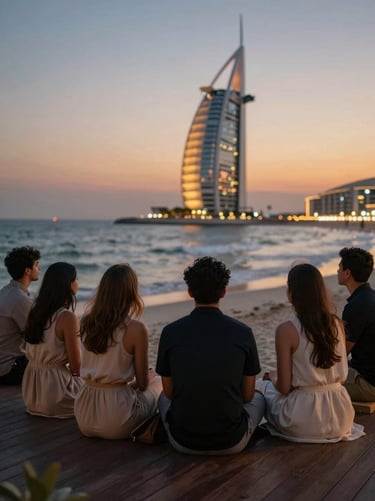 Intimate editorial shot of guests on a teak deck looking out at the vibrant, lit-up shoreline of Jumeirah Beach Residence at dusk.