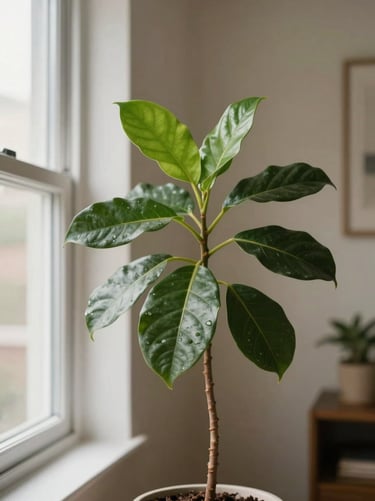 An aesthetic photography shot of a green houseplant near a window in a contemporary North American home, symbolizeing growth and discovery, soft focus background, light beige walls, sophisticated mood.