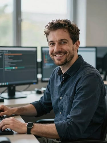 Portrait of a male technology instructor sitting in front of computer screens, smiling warmly, natural window lighting