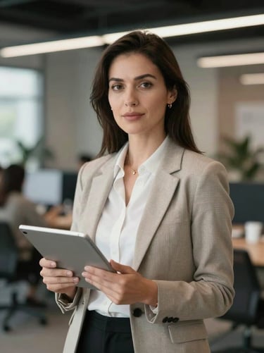 Portrait of a female business mentor in a modern workspace, holding a digital tablet, looking confident