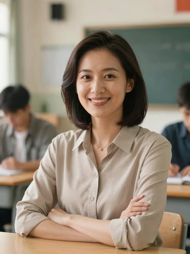 Portrait of a female educator in a warm, naturally lit classroom, looking directly at the camera with a confident smile