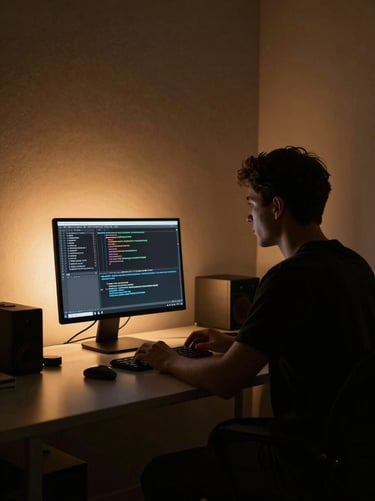 A developer working in a dark, minimalist workstation, sharp amber backlighting casting a clean silhouette, code terminal visible on screen.