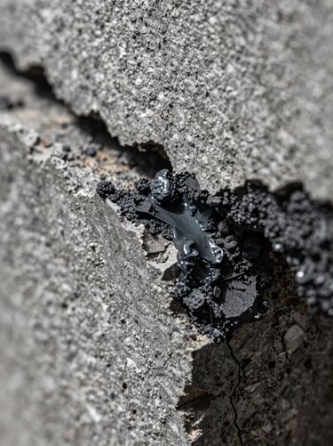 Extreme macro close-up of dark charcoal paint meeting rough, crumbling grey concrete, showing raw texture and sharp edge
