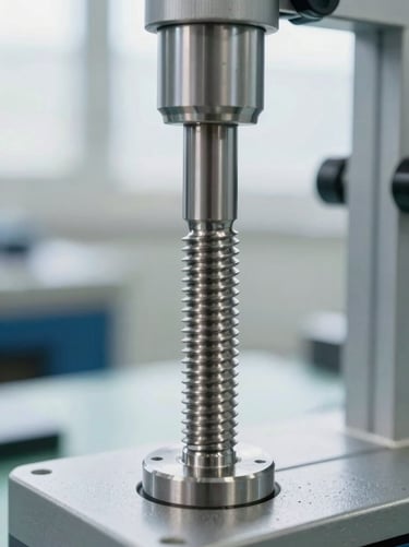 Close-up of a digital micrometer measuring the thread tolerance of a cold-forged steel shaft, clean inspection station background, bright natural studio lighting, sharp focus on metallic textures
