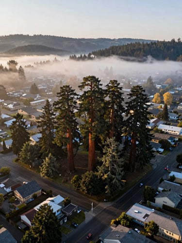 A wide-angle aerial landscape of Eugene, Oregon, with several towering sequoias visible among the neighborhood rooftops. The mood is serene and professional, captured on a misty US Pacific Northwest morning.