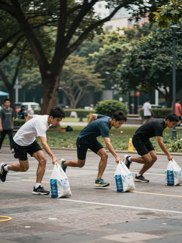 Wide outdoor shot, team of three athletes mid-sprint across an urban park collecting bags during a timed competition, natural daylight, motion blur on feet, full collection bags visible