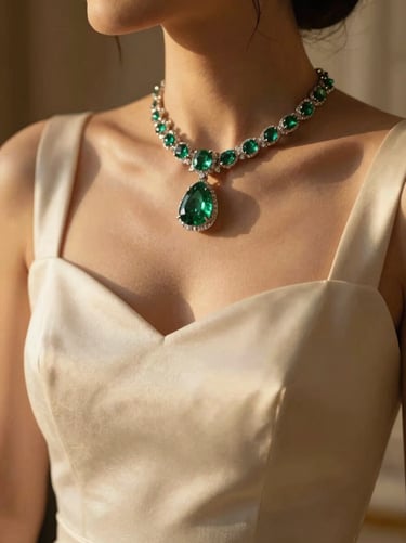 Cinematic close-up of a bride's emerald jewelry and silk dress texture, warm golden hour light, shallow depth of field, luxury editorial