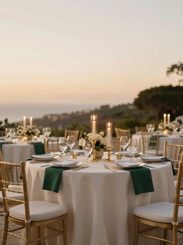 Wide shot of a luxury outdoor banquet table under soft candlelight, deep emerald and gold accents, sophisticated negative space