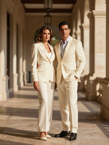 Editorial portrait of a high-society Honduran couple in elegant attire, standing in a grand architectural corridor with dramatic shadows