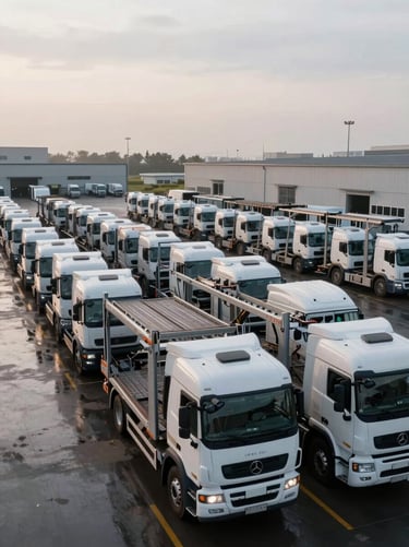 Wide-angle environmental shot of a fleet of white transport trucks parked in an industrial yard at early morning, overcast soft light, vehicles loaded on car-carrier trailers, tarmac wet from overnight rain, organised rows suggesting scale and operational readiness, no people visible, documentary industrial atmosphere