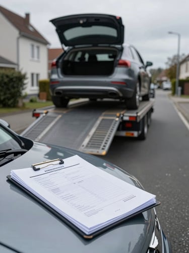 Ground-level documentary shot of a car being carefully unloaded from a transport carrier ramp in a residential street under overcast Belgian daylight, a folder of vehicle documents and inspection papers resting on the car bonnet in the foreground, no faces visible, cool grey tones, evidence-of-process framing