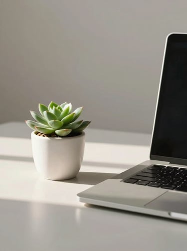 Minimalist, clean, modern tech still life photography of a small green succulent in a white ceramic pot next to a sleek, metallic silver laptop on a light gray desk. Warm, soft morning light casting subtle, gentle shadows. Global / North American office setting. Highly elegant, ultra-minimalist, and welcoming vibe.