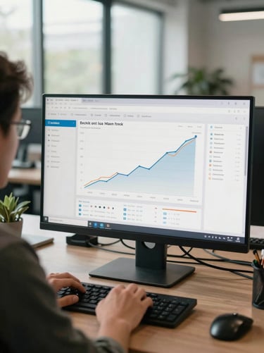 Wide environmental shot of a team member reviewing a backlink analytics dashboard on a large monitor in a naturally lit office, growth curve charts visible on screen, hands resting on keyboard, north-facing daylight, calm and focused atmosphere