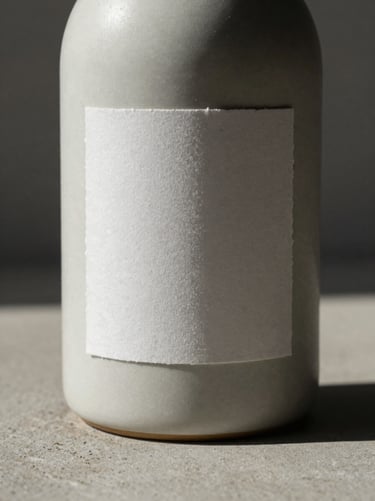 Extreme close-up of a minimalist ceramic bottle with a textured, deckled-edge paper label, soft directional afternoon sun casting long shadows on a concrete surface.