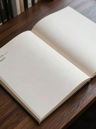 High-angle shot of an open archival print catalog on a dark walnut desk, showing clean typography and generous off-white margins, soft overcast daylight.