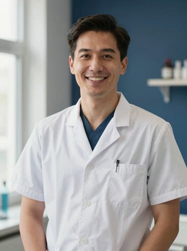 Professional portrait of a male prosthodontist in clean attire, warm studio lighting, soft navy background, friendly authoritative expression
