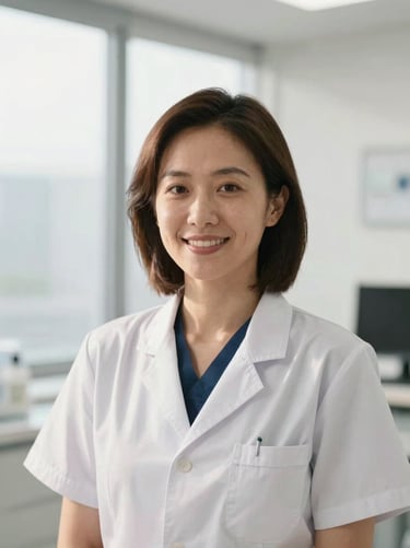 Professional portrait of a female orthodontist, warm natural light, pristine modern clinic setting, calm expert gaze
