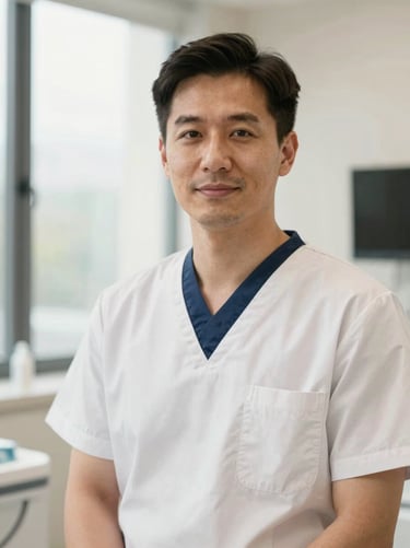Professional portrait of a male implantologist, warm editorial style, shallow depth of field, sophisticated clinical environment
