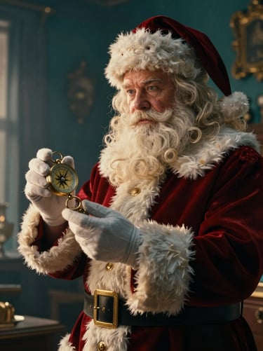 Cinematic portrait of Santa Claus in a cozy study, holding a vintage compass, soft golden hour light, deep teal tones.