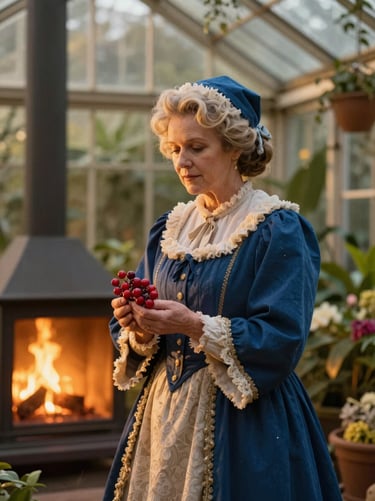 Cinematic portrait of Mrs. Claus in a glowing botanical greenhouse, warm hearthside gold light, holding winter berries.
