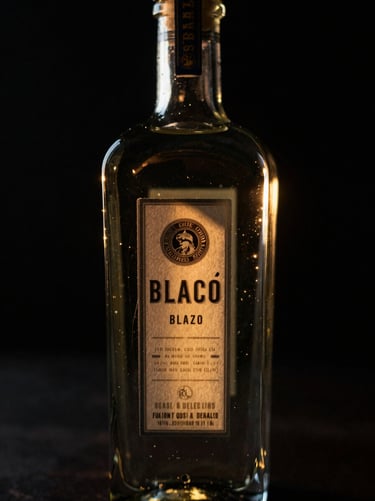Macro shot of a dark glass tequila bottle labelled Blanco, high-contrast chiaroscuro, golden-hour light catching the liquid, black background, 35mm film grain.