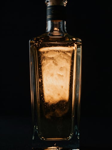 Macro shot of an ultra-premium dark glass tequila bottle, gold metallic details, dramatic spotlight, pitch black background.