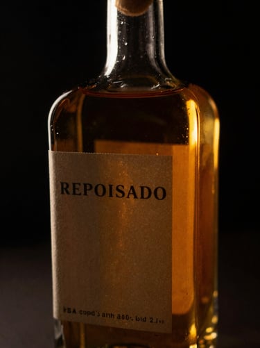 Macro shot of a dark glass tequila bottle labelled Reposado, warm amber liquid, high-contrast chiaroscuro, black background, 35mm film grain.