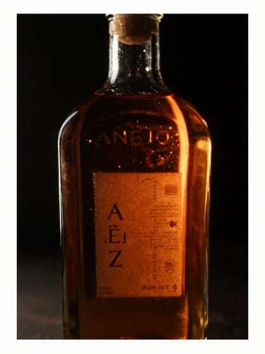 Macro shot of a dark glass tequila bottle labelled Añejo, deep copper liquid, dramatic low-key lighting, black background, 35mm film grain.