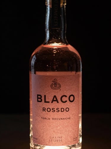 Macro shot of a dark glass tequila bottle labelled Blanco Rosado, subtle pink hues in the liquid, high-contrast chiaroscuro, black background.