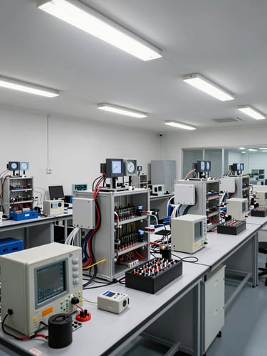 Wide-angle view of an engineering test lab under bright even fluorescent lighting, circuit test rigs and measurement instruments arranged on metal benches, cables routed neatly, no people, no text, overhead perspective