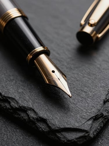 Extreme close-up of a classic fountain pen nib resting on heavy-gauge dark slate paper, dramatic directional lighting, deep shadows.