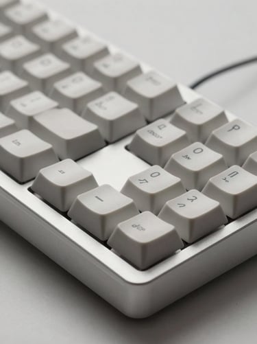 Crisp studio render of a minimal aluminum mechanical keyboard, soft diffused side-light, sharp macro lens, 35mm