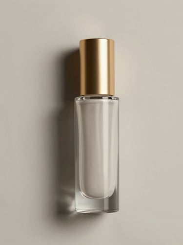High-fidelity 3D visualization of a glass cosmetic bottle with gold metallic cap, dramatic studio shadow, desaturated neutral tones