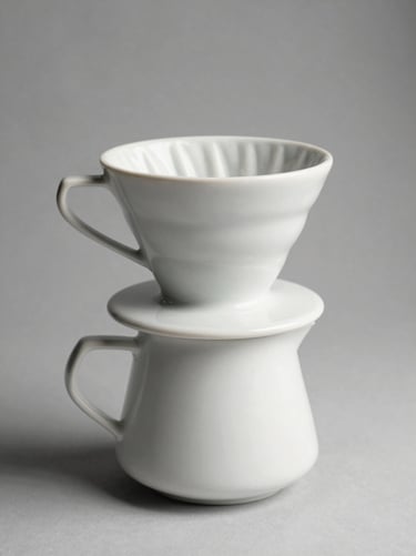 Crisp studio product photography of a sleek matte white ceramic coffee dripper, soft side-light, high-contrast shadows