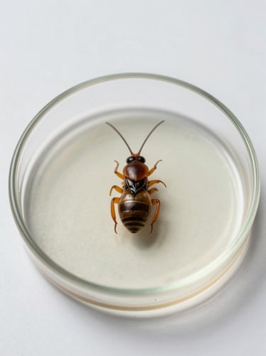 Extreme macro shot of a scientific glass petri dish containing a single, isolated urban pest specimen, clean white clinical background, soft natural daylight, sharp focus.