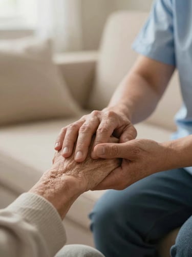 A close-up of a caretaker gently holding an elderly client's hand in a warm cream-toned room, soft natural lighting, conveying safety and respect.