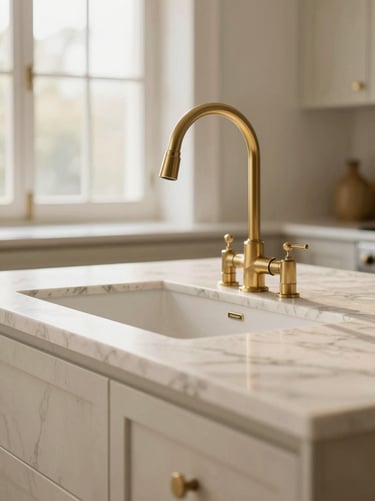 Close-up of a bespoke kitchen island in veined marble, brushed brass faucet, warm morning light, architectural detail, shallow depth of field