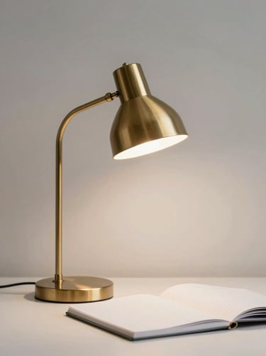 A minimalist brushed brass desk lamp illuminating a clean paper notebook, soft diffused lighting