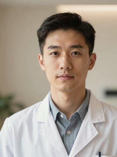 Macro portrait of a professional male nutritionist in warm natural light, clean minimalist clinic background
