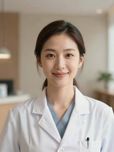 Macro portrait of a professional female doctor in warm natural light, smiling, premium minimalist clinic background