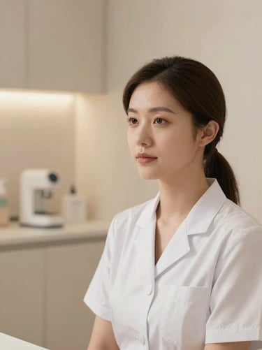 Macro portrait of a professional female aesthetic specialist, soft warm lighting, minimalist clinic background