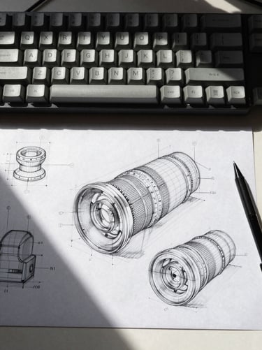 Top-down view of an organized workspace with a mechanical keyboard and wireframe sketches, high-contrast daylight casting crisp shadows.