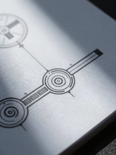 Macro crop of a physical system schematic printed on crisp white paper, stark charcoal lines, high-contrast cool-toned lighting, sharp shadows.