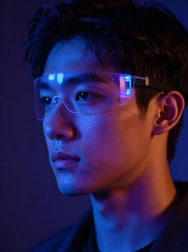 Moody close-up of a young man wearing a glowing neural interface headpiece, saturated blue and violet shadows, 9:16 vertical framing.