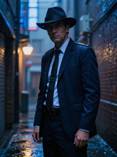 Low-angle dramatic shot of a detective in a rain-slicked alley under blue neon light, 9:16 vertical framing, shallow depth of field.