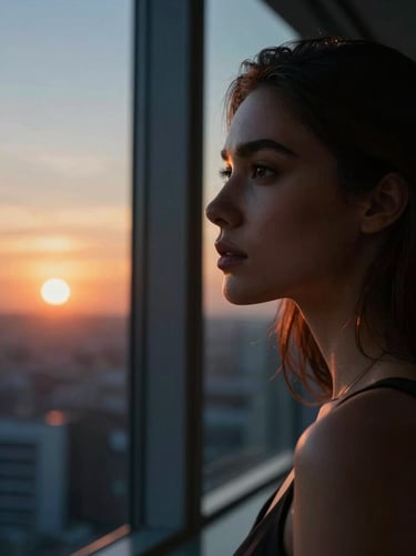 Dramatic character close-up of a woman staring out of a luxury high-rise window at sunset, warm amber rim light, 9:16 vertical framing.