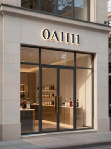 A minimalist architectural exterior shot of a luxury spirits boutique. The glass storefront features a sleek, sophisticated logo in #0A1118. The lighting is early evening, casting soft shadows that highlight the clean lines of the building design.