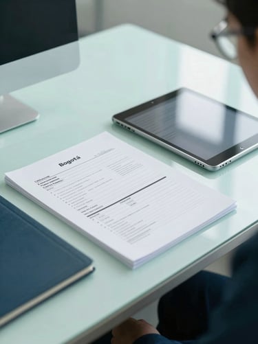 Structured corporate office desk in Bogotá, clinical testing forms and a digital tablet neatly arranged, bright natural light, clinical mint-teal accents, professional atmosphere.