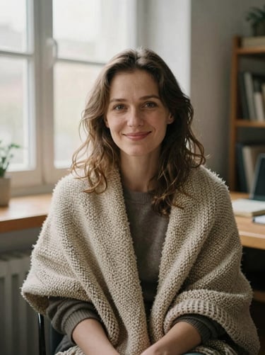 Environmental portrait of Elena Rostova, LCSW, in a warm office with woven blankets and soft wooden textures, smiling gently, natural window lighting.