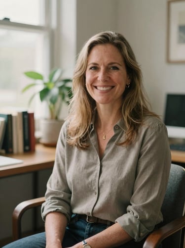 Environmental portrait of Dr. Sarah Jenkins, a clinical psychologist with a warm smile, sitting in a naturally lit office space with books and a soft green plant in the background, warm editorial style.